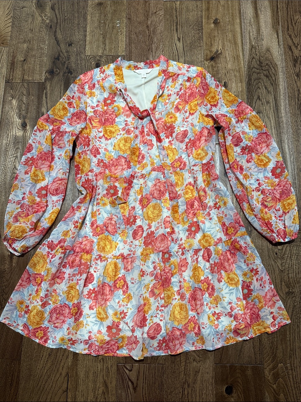 Lauren Conrad Floral Tie-Neck Dress in Coral and Yellow Sz XS